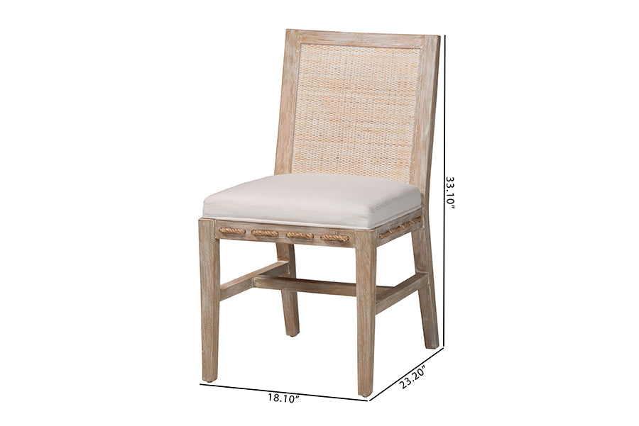 bali & pari Ashford Whitewash Rattan Dining Chair - Mahogany Wood Frame with Handwoven Wicker Backrest and Braided Rope Inserts for Coastal Dining Room