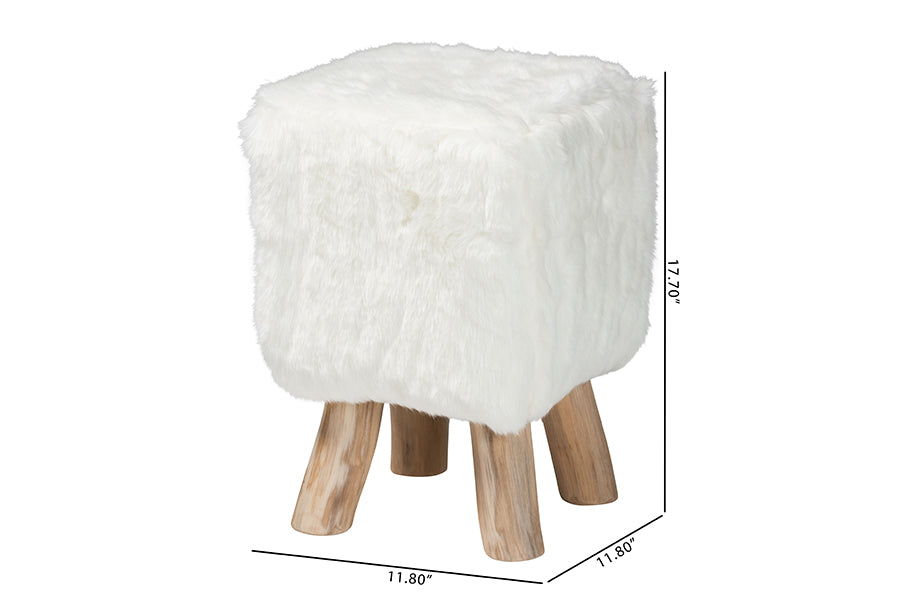 bali & pari Scotlyn Faux Fur Footstool with Teak Wood Legs - Rustic Boho Accent Seat, Handmade Decorative Footrest for Living Room or Bedroom, White