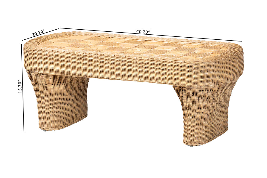 bali & pari Canika Natural Rattan Coffee Table - Handwoven Wicker Accent Table with Checkered Tabletop and Waterfall Base for Living Room or Sunroom