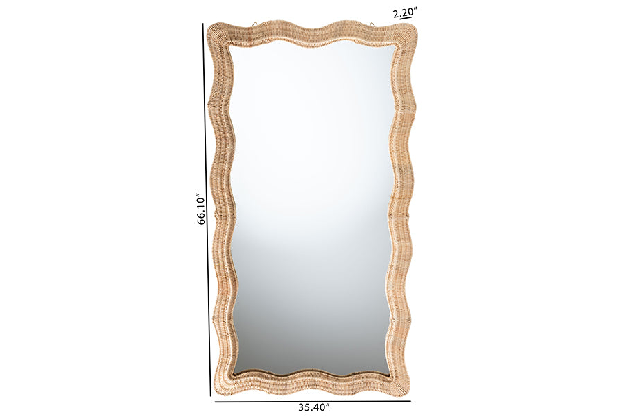 bali & pari Hasana Natural Rattan Floor Mirror - Scalloped Frame Full Length Accent Mirror for Bedroom or Entryway
