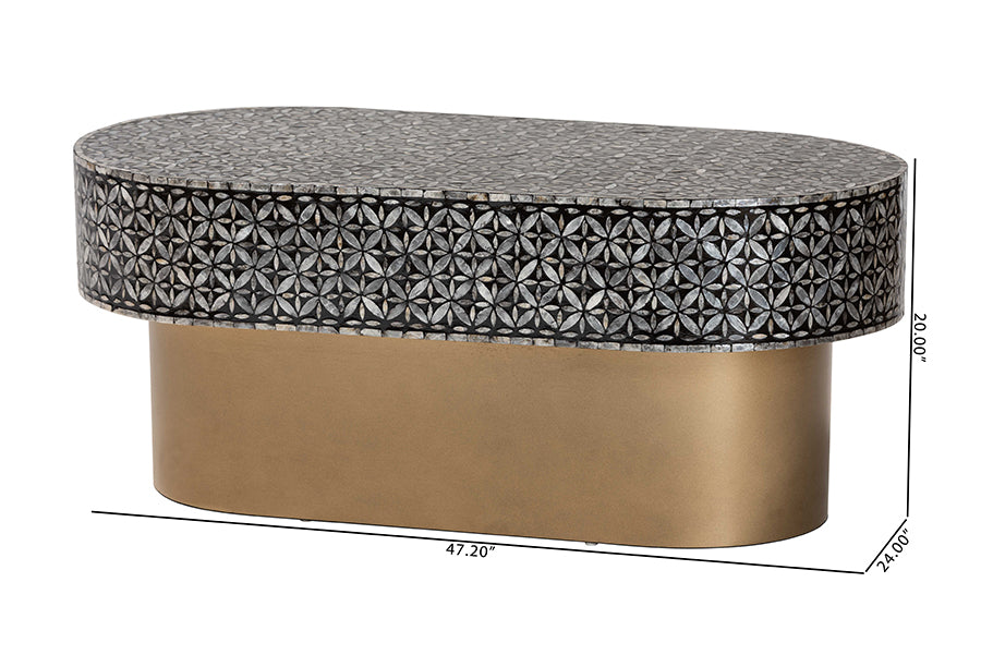 bali & pari Emery Capiz Shell Coffee Table - Mother of Pearl Oval Accent Table with Geometric Pattern and Pedestal Base for Living Room or Lounge Space