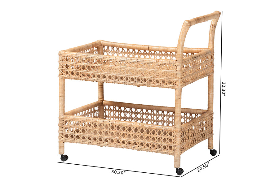 bali & pari Alaina Natural Rattan Kitchen Cart - 2-Tier Handwoven Wicker Storage Trolley with Handle for Kitchen or Lounge