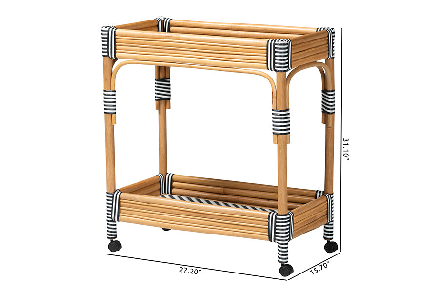 bali & pari Carmine Natural Rattan Kitchen Cart - 2-Tier Handwoven Wicker Storage Trolley with Raised Borders for Kitchen or Lounge
