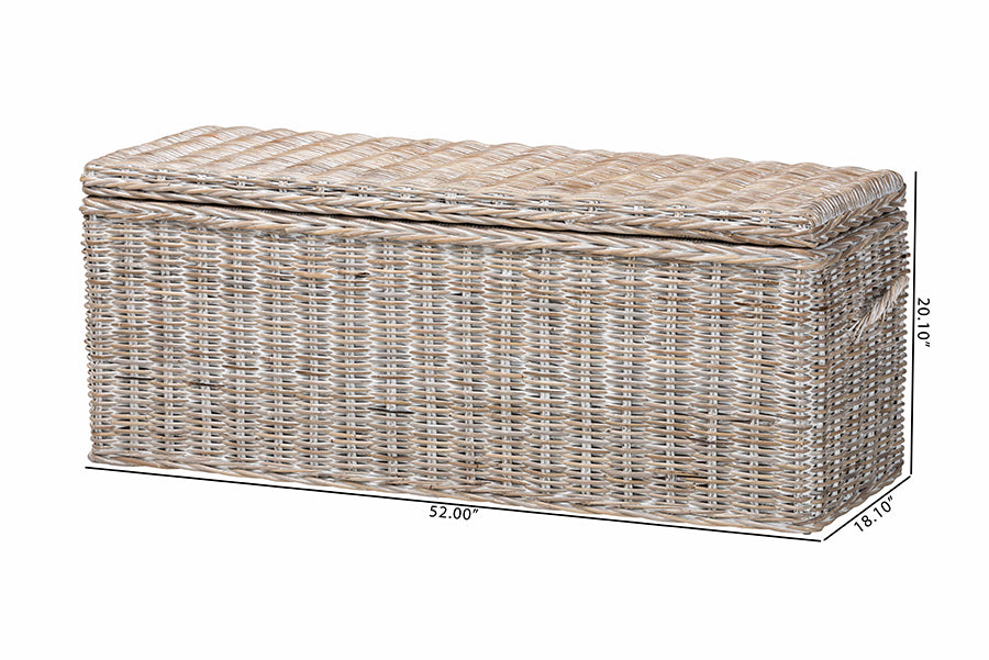 bali & pari Clarette Whitewashed Rattan Storage Bench - Handwoven Wicker Storage Trunk with Lift-Top Lid, Boho Coastal Seating for Living Room, Bedroom, or Entryway