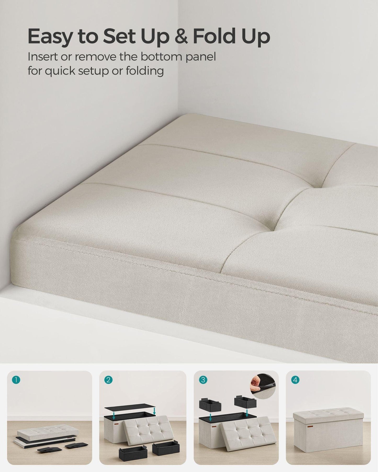 15" x 30" x 15" Foldable Storage Ottoman Bench Cream White FredCo