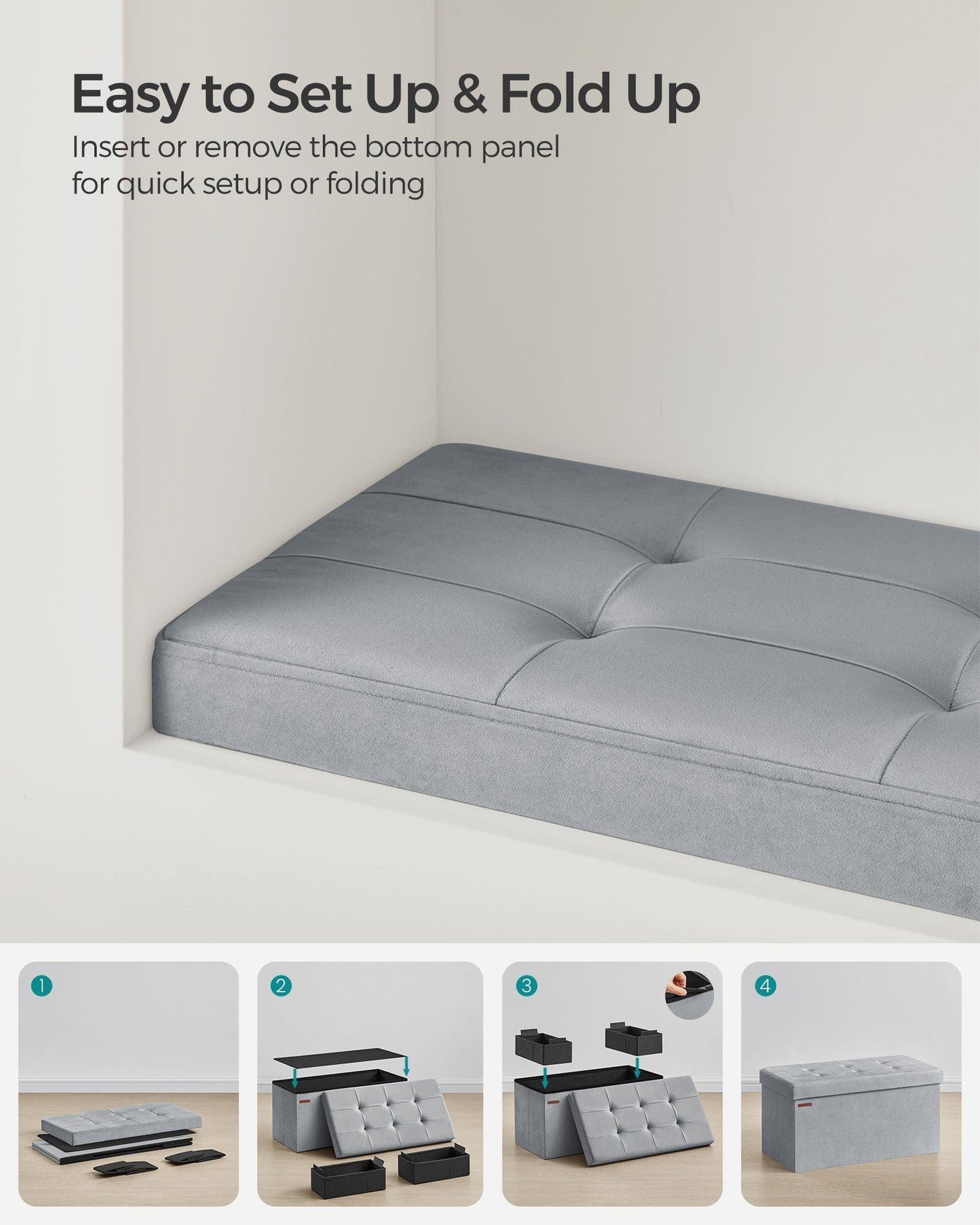 15" x 30" x 15" Foldable Storage Ottoman Bench Dove Gray FredCo