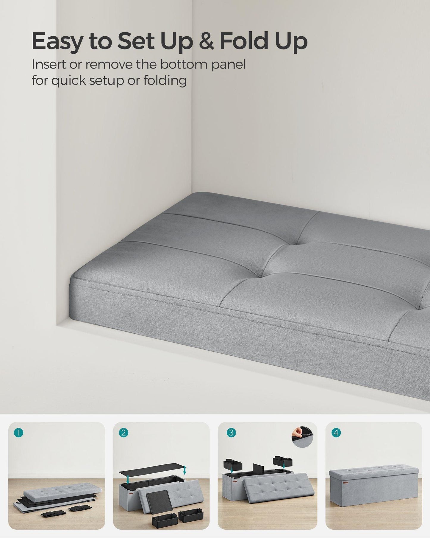 15" x 43" x 15" Foldable Storage Ottoman Bench Dove Gray FredCo