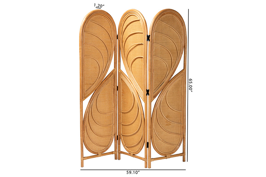 bali & pari Kiyoko Natural Rattan Room Divider - Handwoven Wicker Tri-Fold Decorative Privacy Screen with Woven Leaf Motif