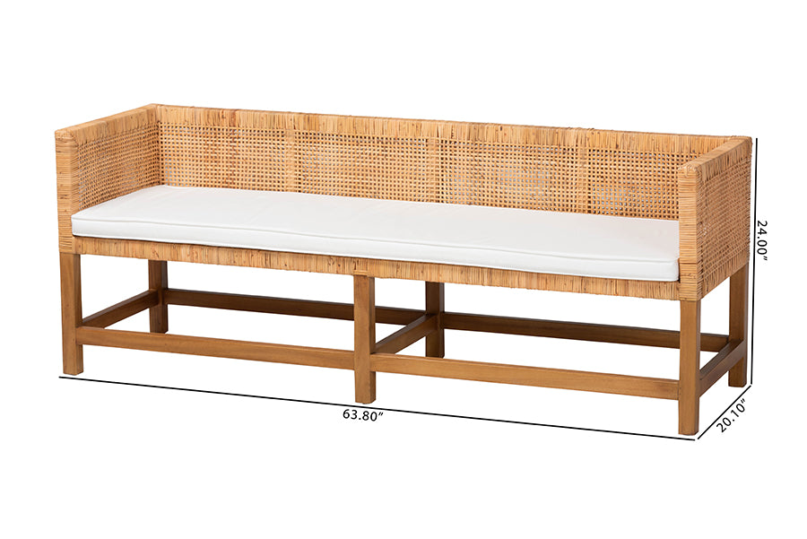 bali & pari Vivan Natural Rattan Bench - Handwoven Wicker Accent Seating with Cushion and Backrest