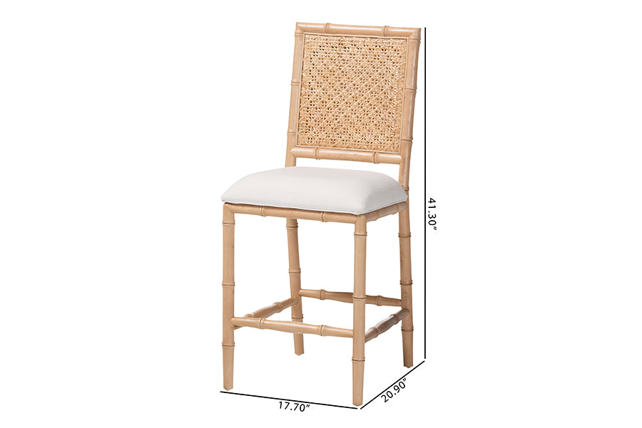 bali & pari Sandy Counter Stool - Crafted Wood and Natural Rattan Lounge Seating with Bamboo Motif and Upholstered Seat