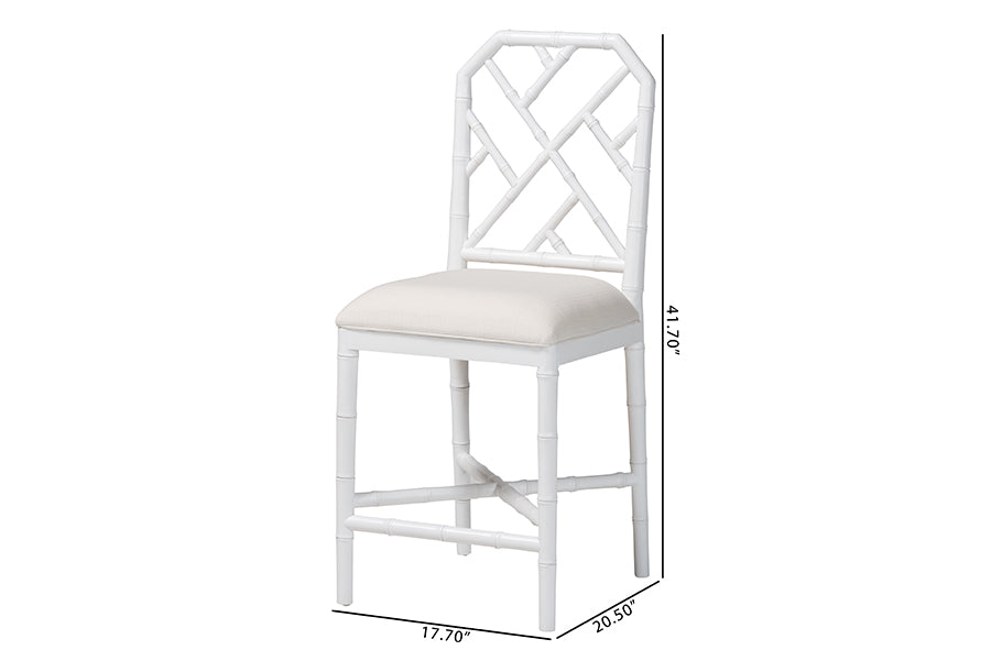 bali & pari Sergio Wood Counter Stool - Chippendale Kitchen Island Seating with Bamboo Motif and Upholstered Seat Cushion, White