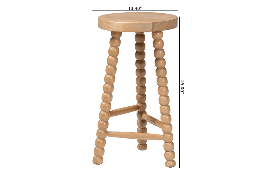 bali & pari David Acacia Wood Bobbin Counter Stool - Sculptural Backless Accent Stool for Kitchen Island or Lounge with Footrest, Natural Brown