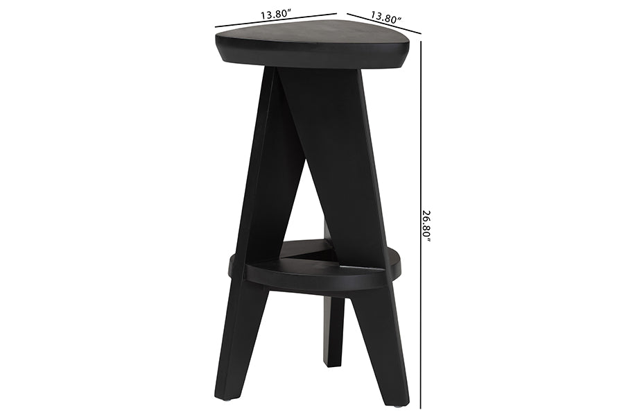 bali & pari Roy Wood Counter Stool - Sculptural Backless Accent Stool with Geometric Base and Integrated Footrest, Black