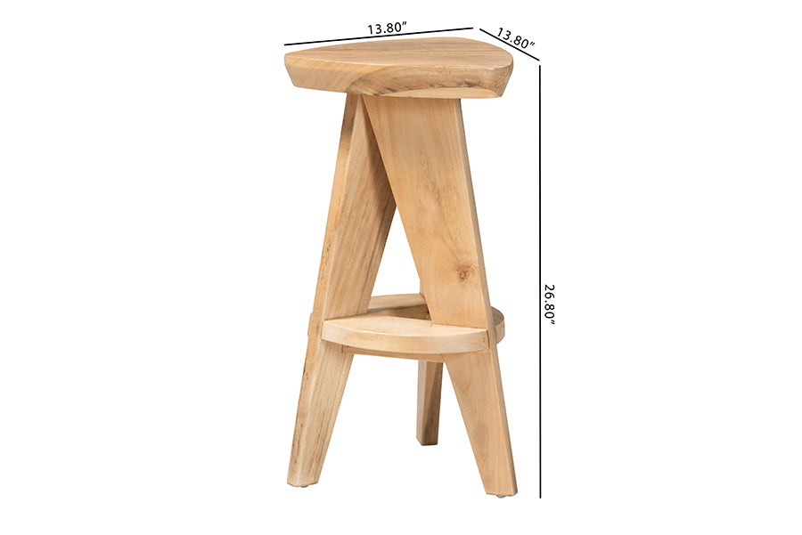 bali & pari Roy Wood Counter Stool - Sculptural Backless Accent Stool with Geometric Base and Integrated Footrest, Natural Brown