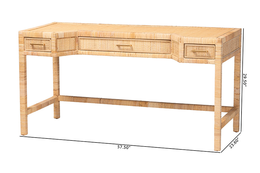 bali & pari Kalimantan Natural Rattan Desk with Three Drawers