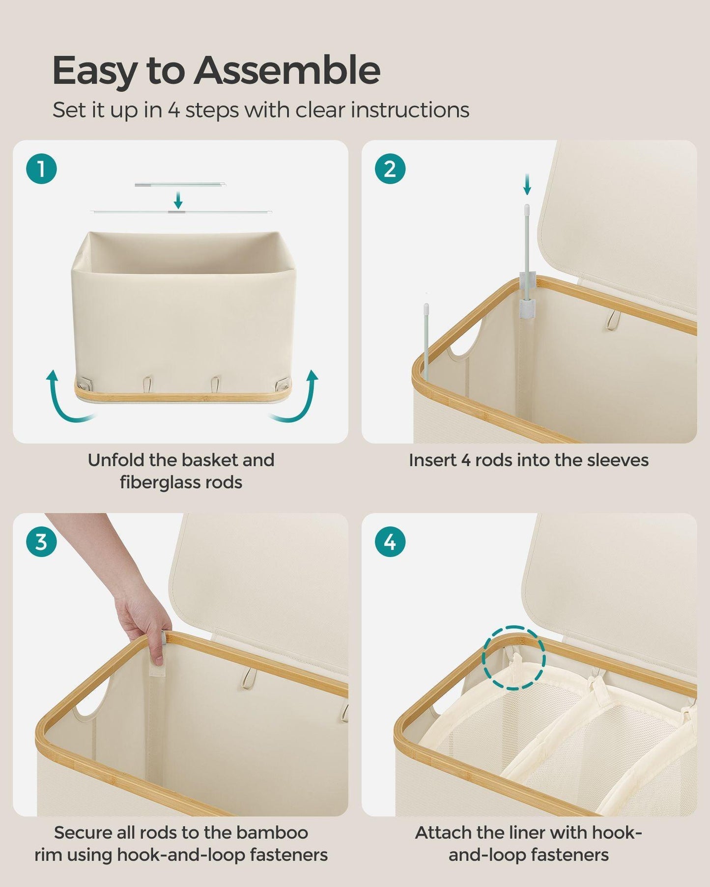 150L 3-Section Large Laundry Hamper with Lid Cream White FredCo