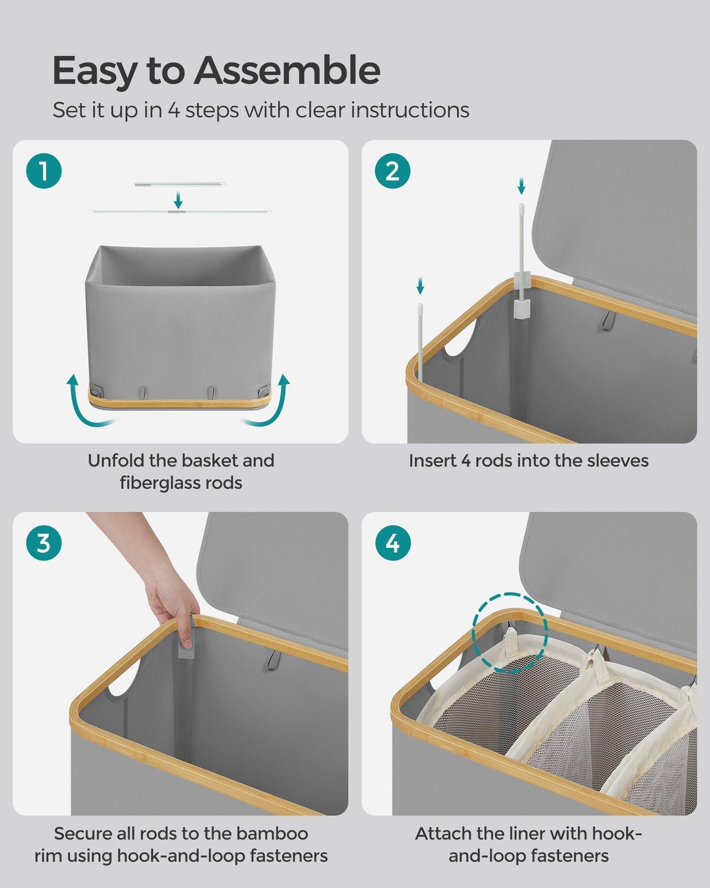 150L 3-Section Large Laundry Hamper with Lid Dove Gray FredCo