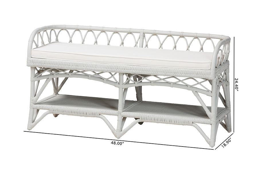 bali & pari Leryn Natural Rattan Bench with Shelf, White