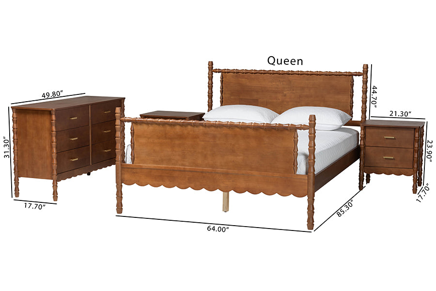 Baxton Studio Danette Bobbin Wood 4-Piece Bedroom Set with 2 Nightstands, Queen