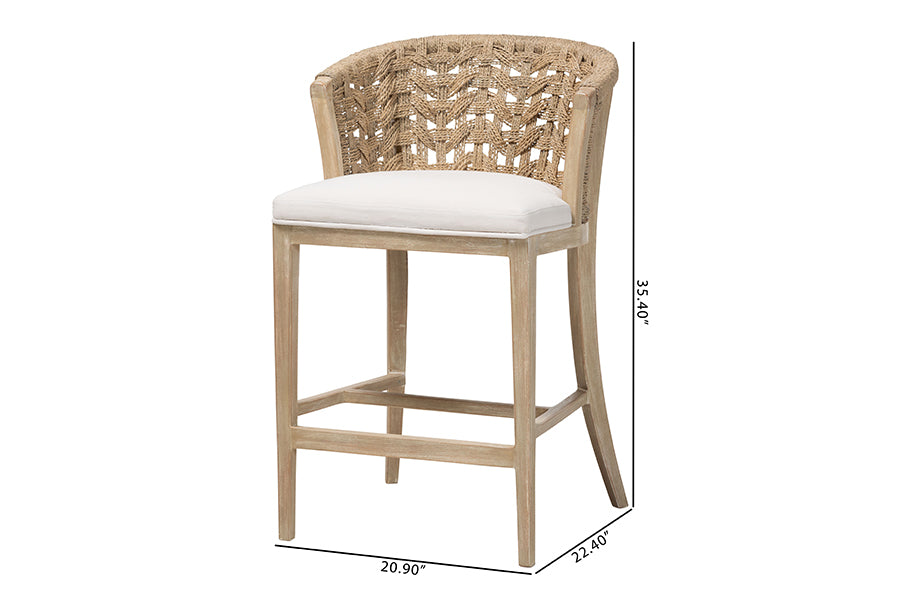 bali & pari Vellon Woven Seagrass and White Wash Mahogany Wood Counter Stool