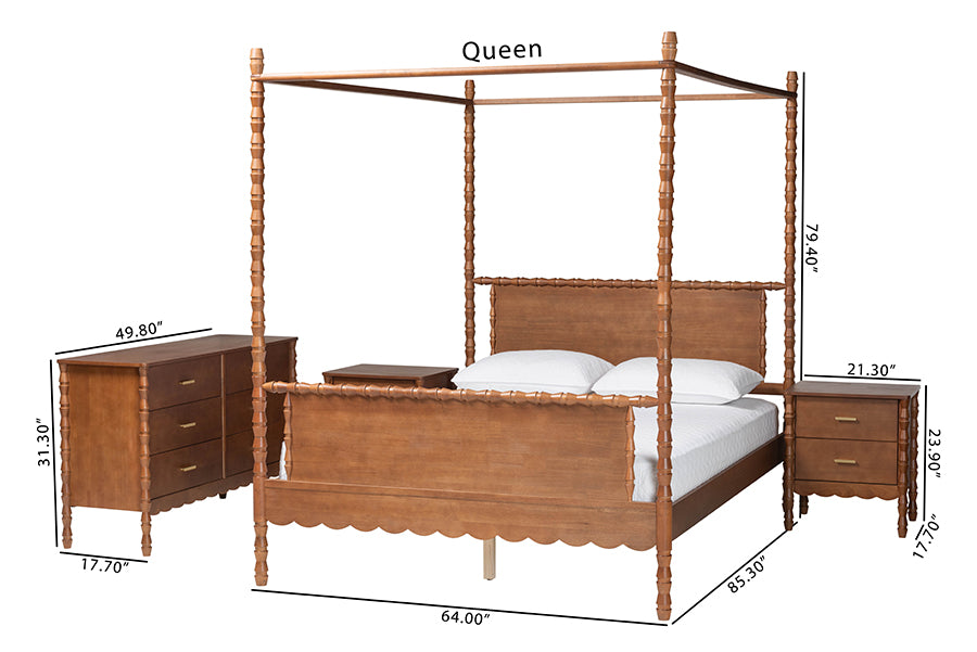 Baxton Studio Danette Bobbin Wood 4-Piece Canopy Bedroom Set, Queen