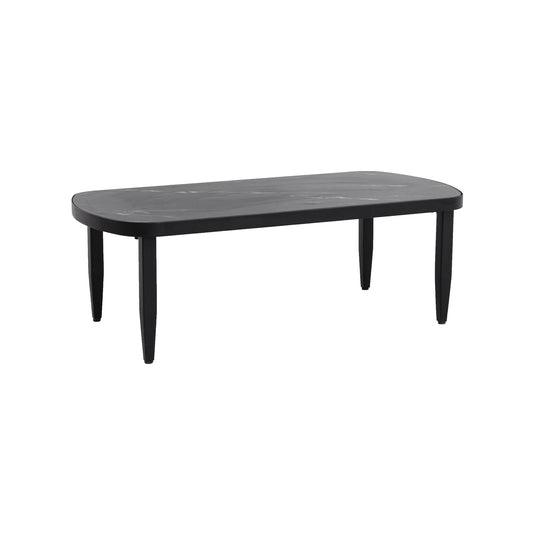 Modern Outdoor Elegance Arc Coffee Table with Black Marble-Inspired Sintered Stone Top, Aluminum Frame, Ember Black Finish, Post Tapered Legs & Rounded Corners, Weatherproof & Rust-Free