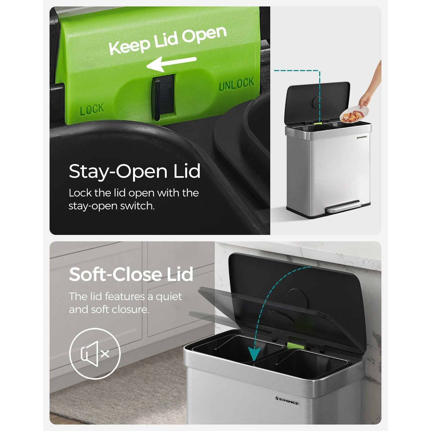 16 Gallon(2 x 8 Gallon) Dual Compartment Garbage Can Silver FredCo