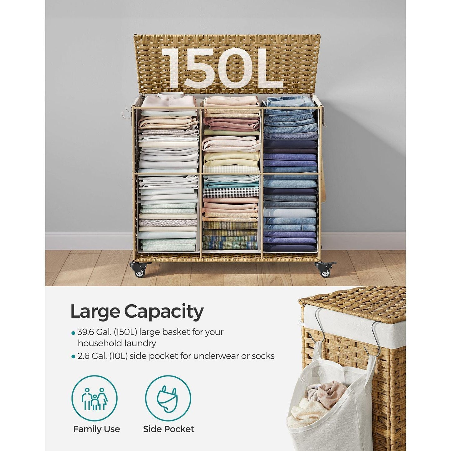 160L Rolling Laundry Basket with Wheels FredCo