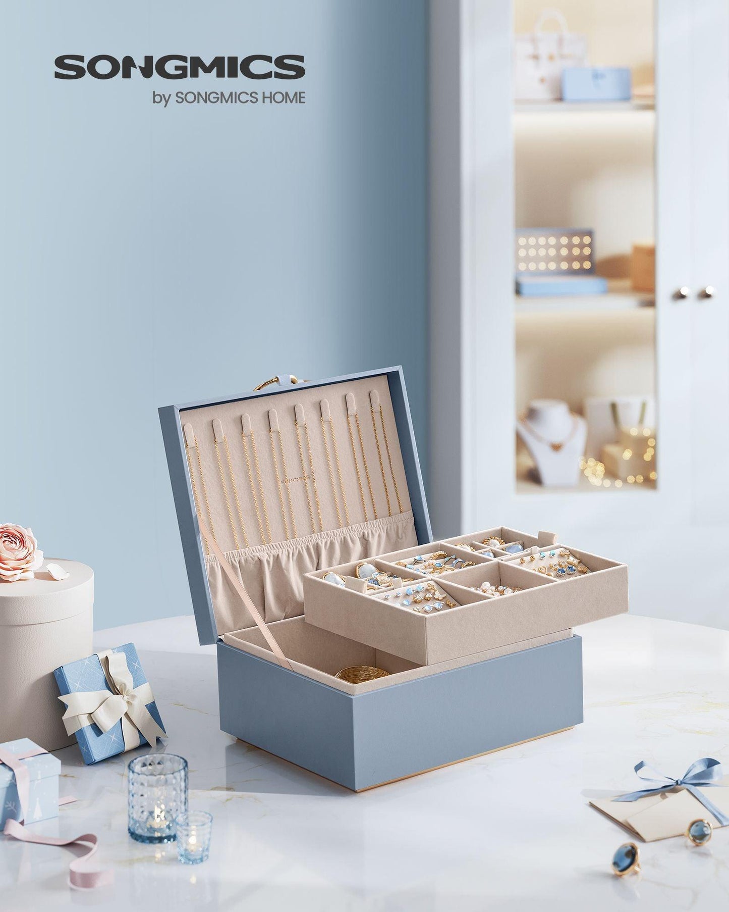 2-Layer Jewelry Box with Handle Misty Blue FredCo