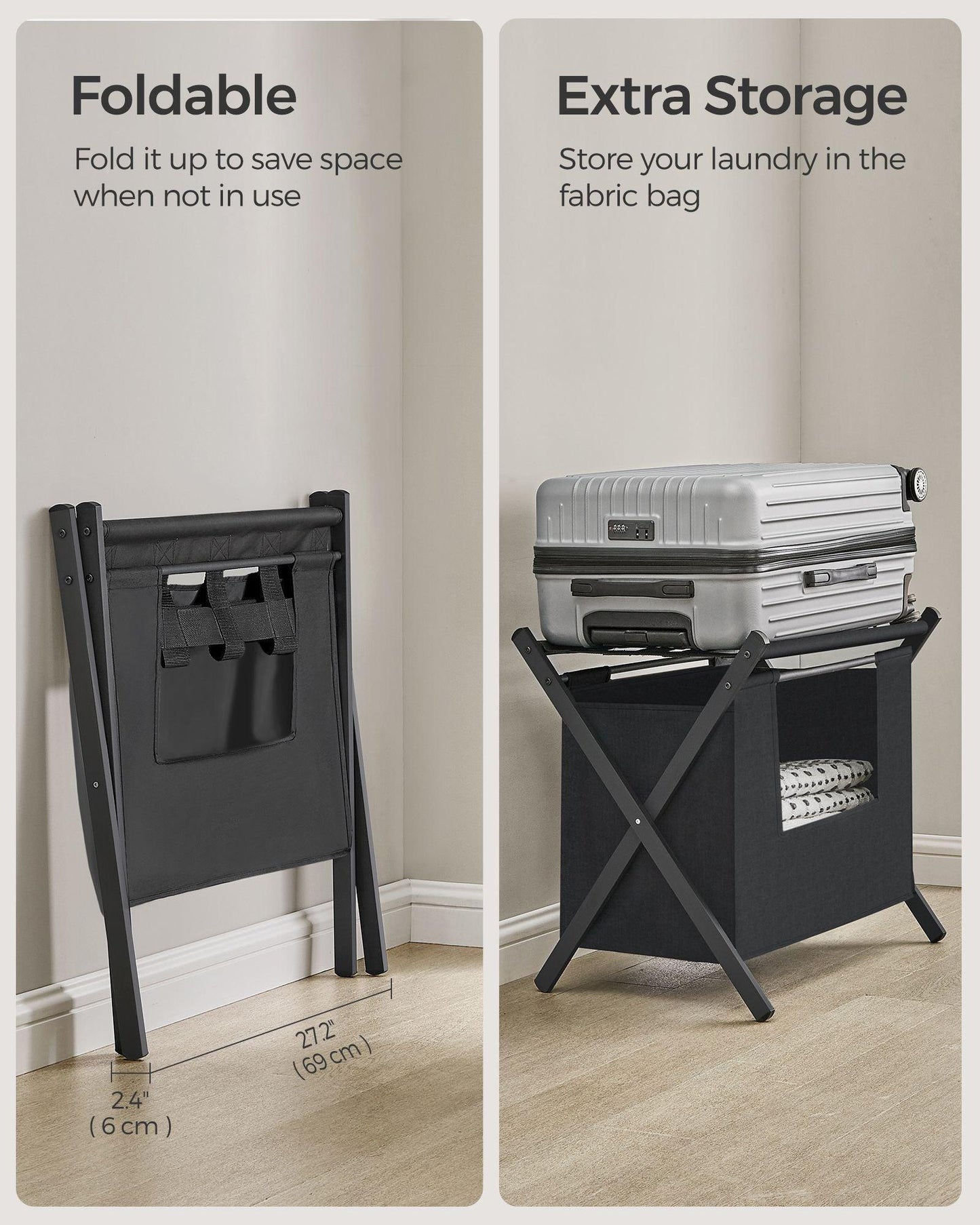 2 Pack Luggage Rack with Removable Laundry Bag Black FredCo