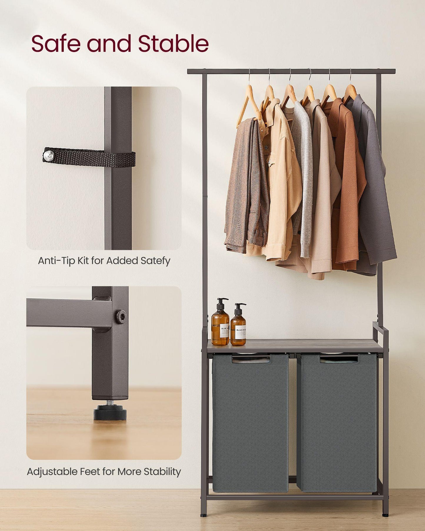 2-Section Laundry Basket with Clothes Rail FredCo