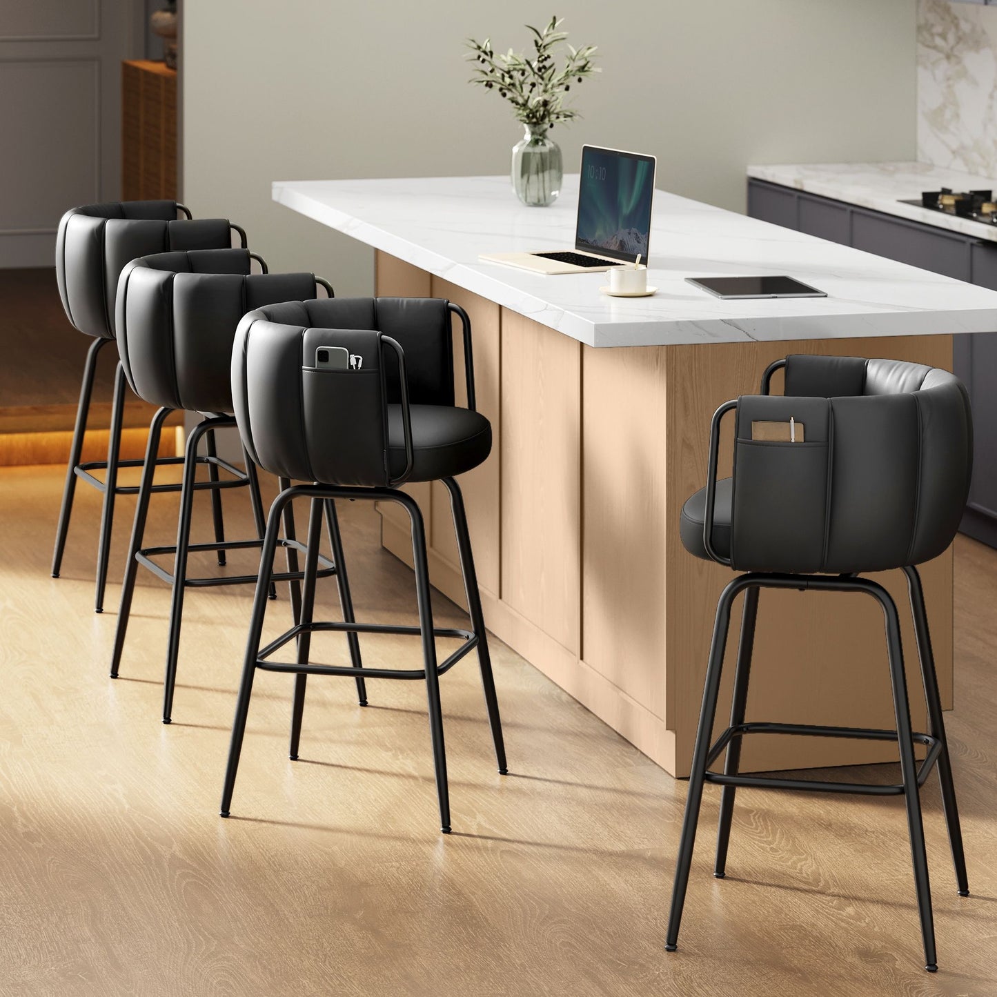 SONGMICS HOME 360° Swivel Bar Stools Set of 4, Barstools with Curved Back, Ink Black