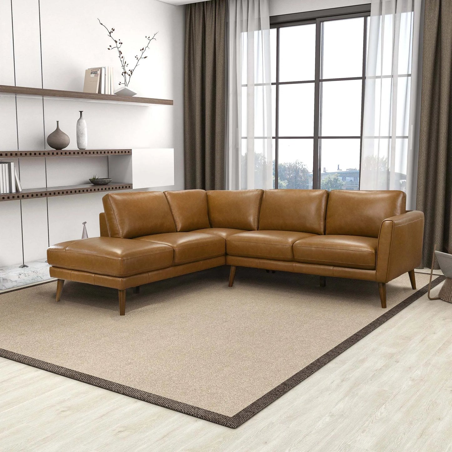 Modern living room with brown leather sectional sofa, large window, and minimalist decor