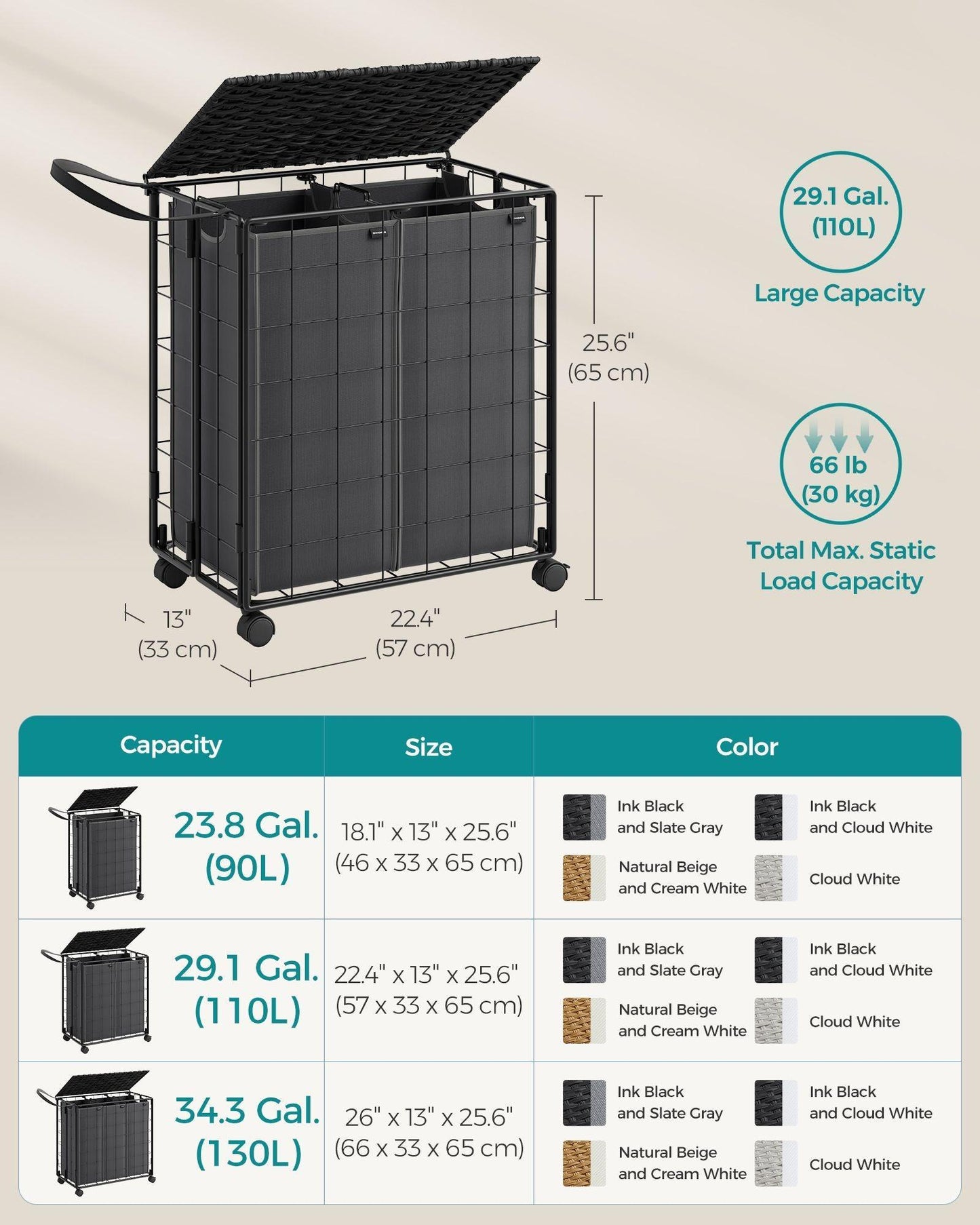 29.1-Gallon Laundry Hamper with Wheels Ink Black and Slate Gray FredCo