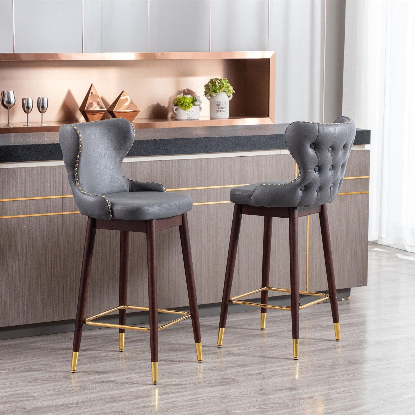 29.9" Modern Leathaire Fabric bar chairs, Tufted Gold Nailhead,Set of 2 FredCo