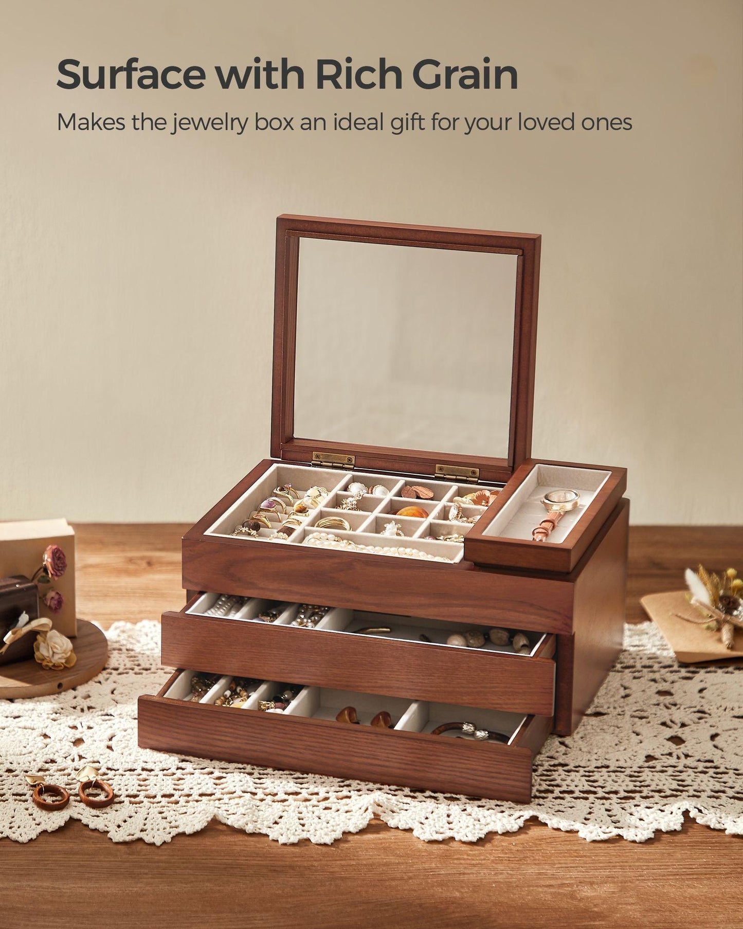 3-Layer Wooden Jewelry Storage Coffee Brown FredCo