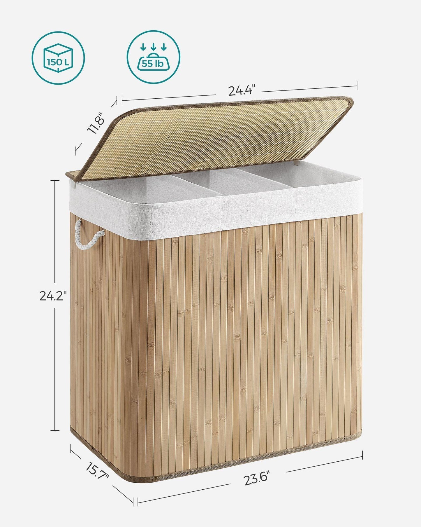 3-Section Laundry Hamper with Lid FredCo