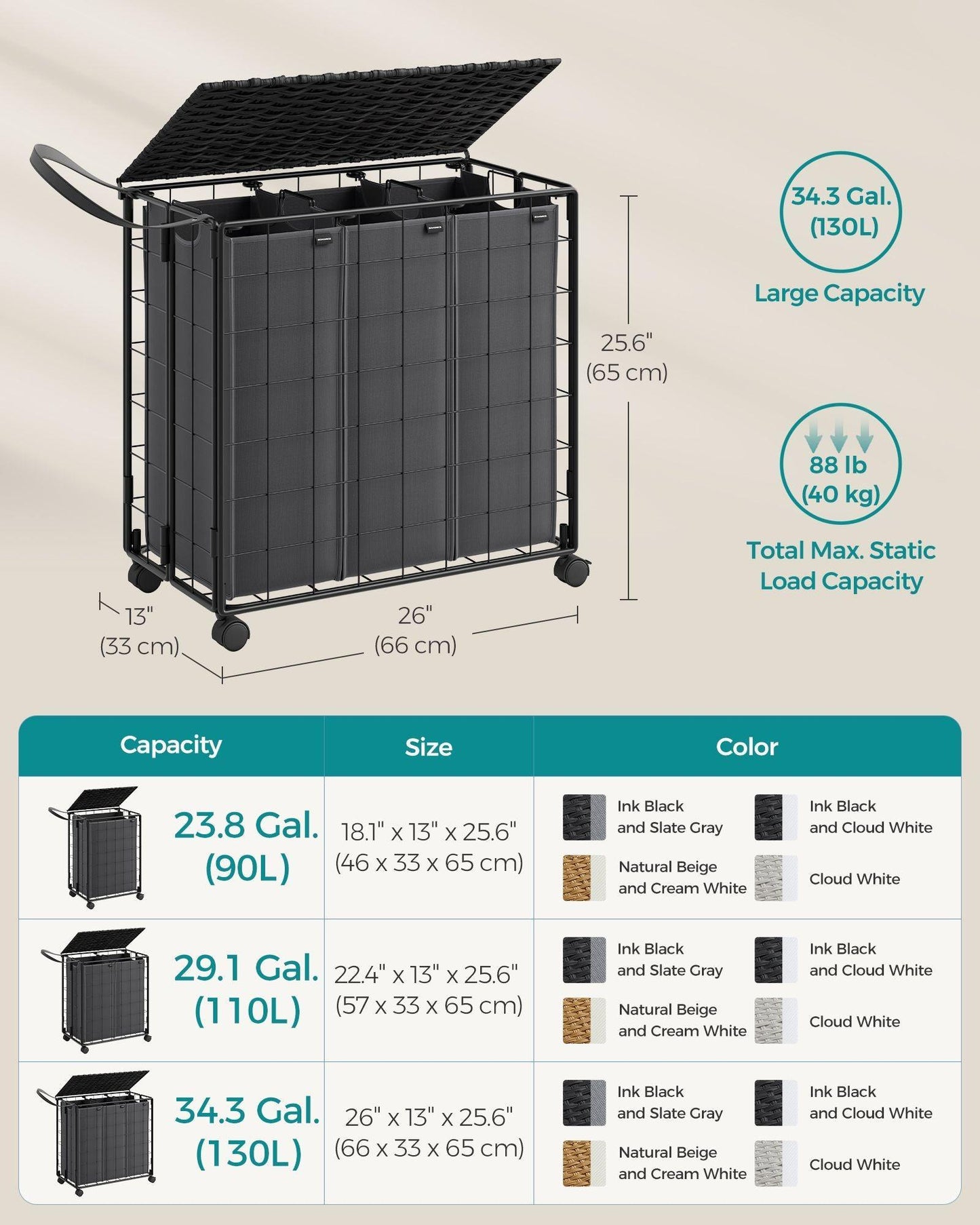 34.3-Gallon Laundry Hamper with Wheels Ink Black and Slate Gray FredCo