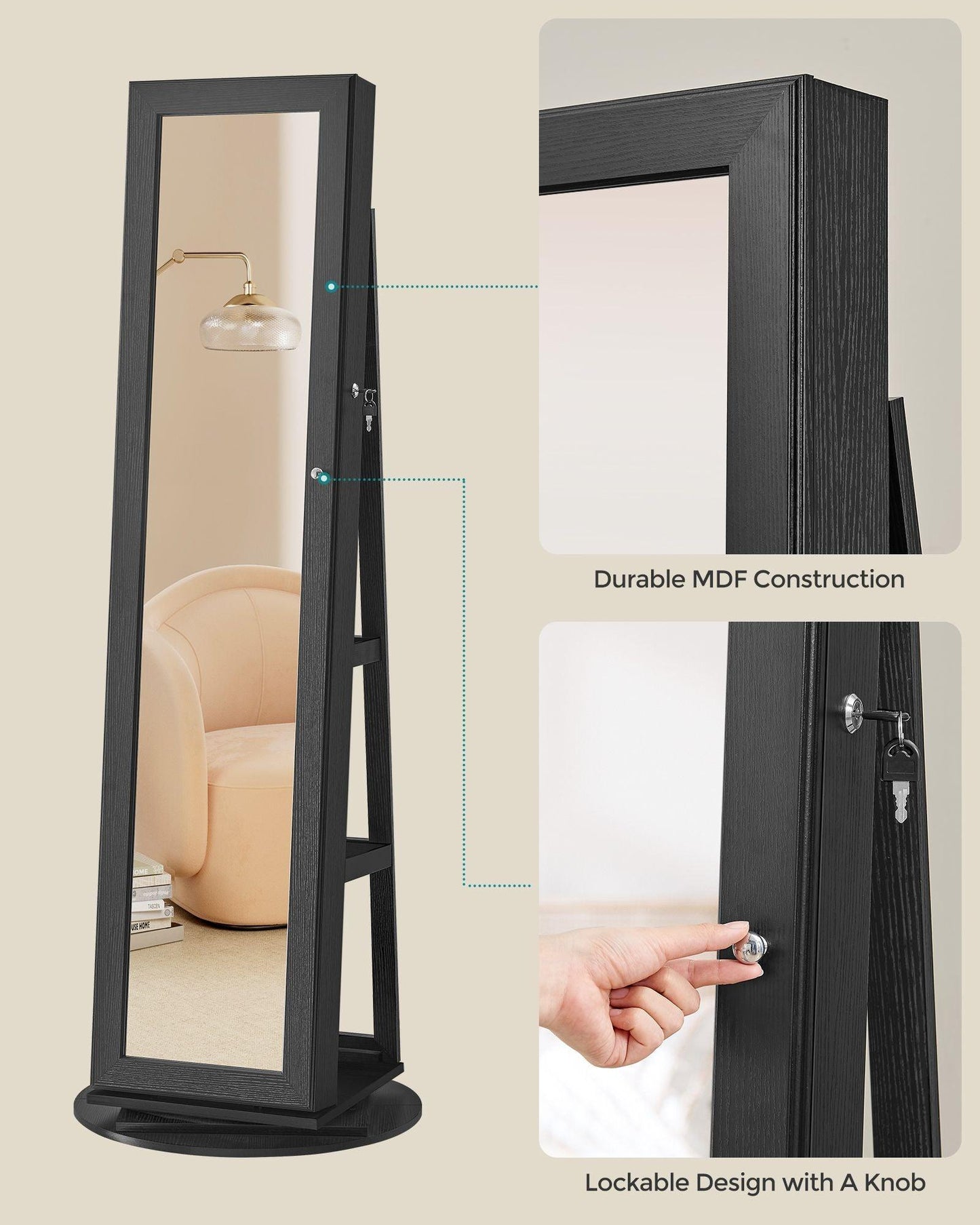 360° Swivel Jewelry Cabinet, Lockable Jewelry Organizer with Full-Length Mirror FredCo