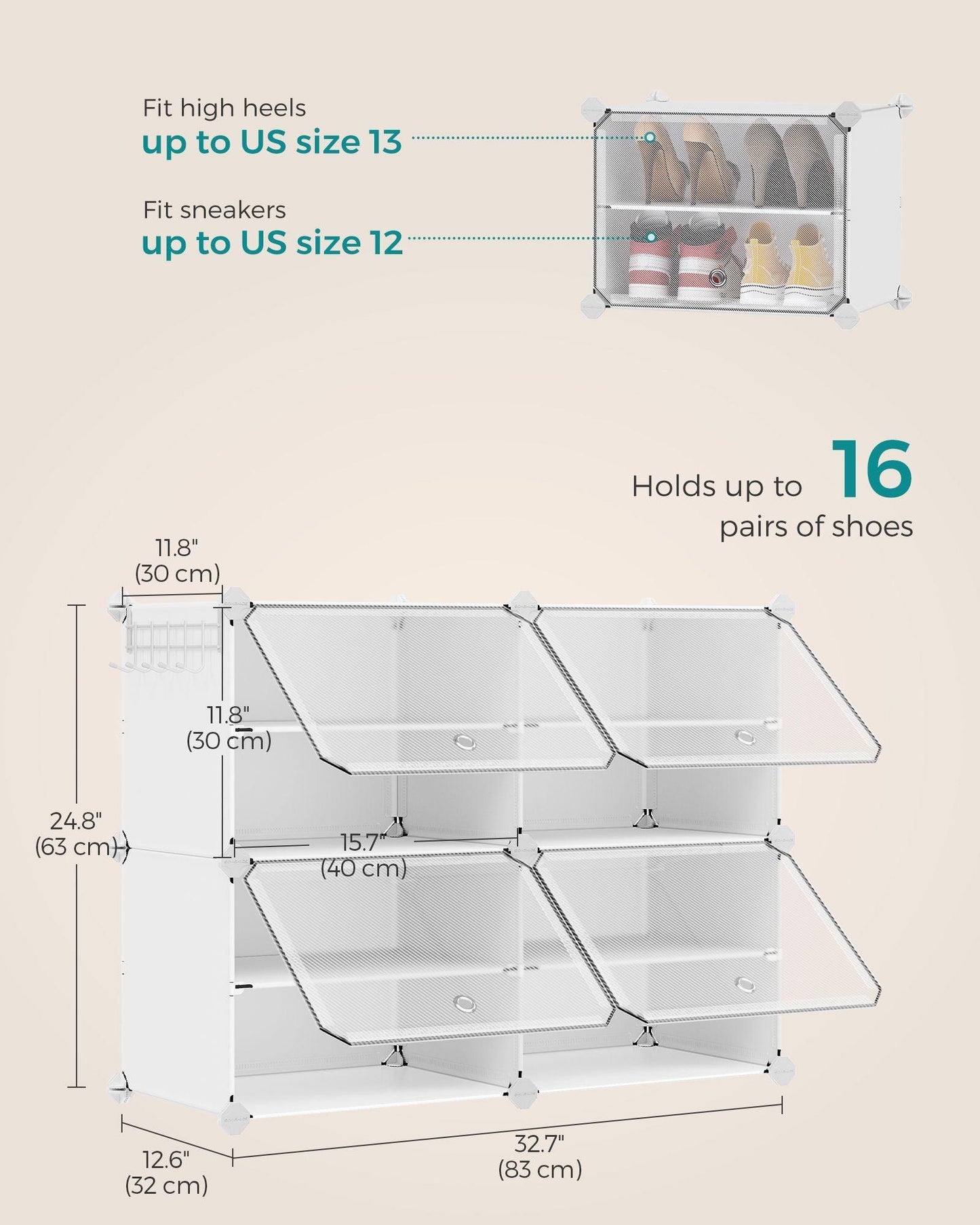 4-Cube Plastic Shoe Rack with Doors Cloud White FredCo