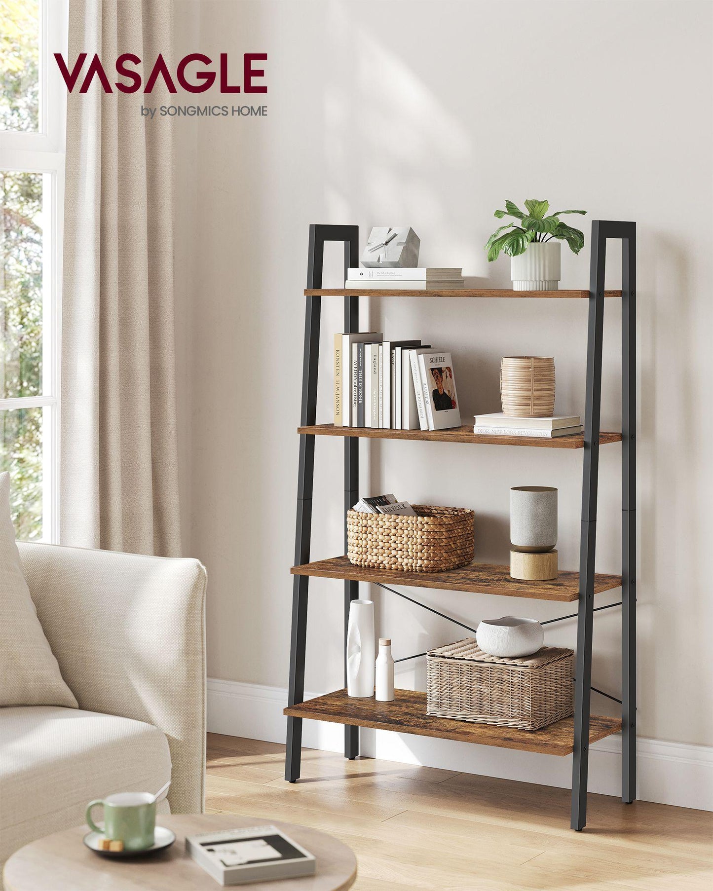 4-Tier Bookshelf Rustic Brown and Black FredCo