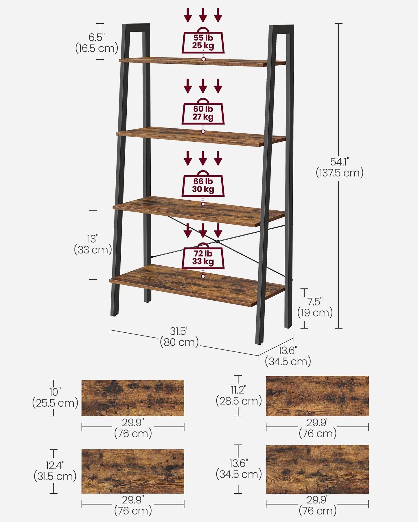 4-Tier Bookshelf Rustic Brown and Black FredCo