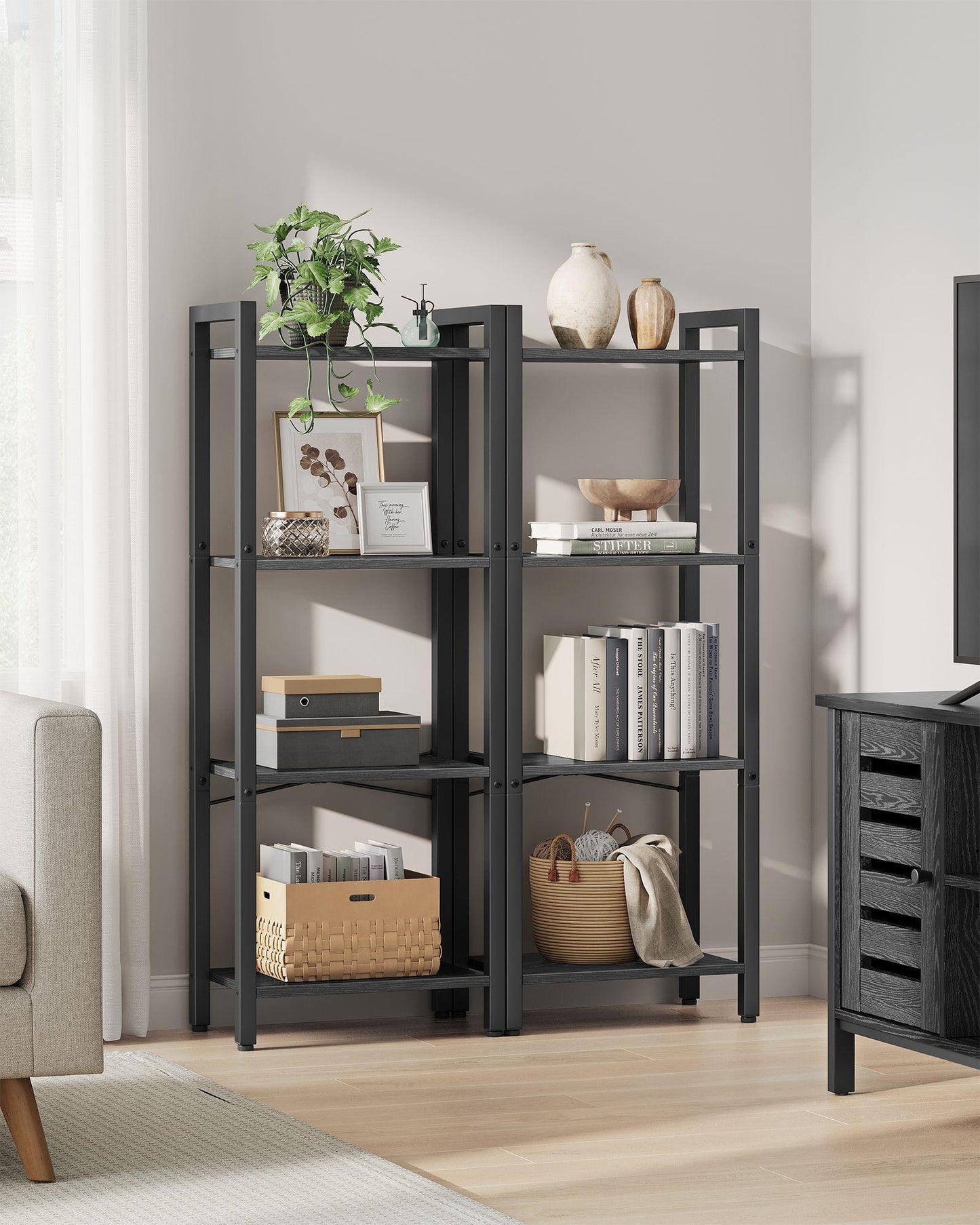4-Tier Tall Bookshelf Ebony Black and Ink Black FredCo