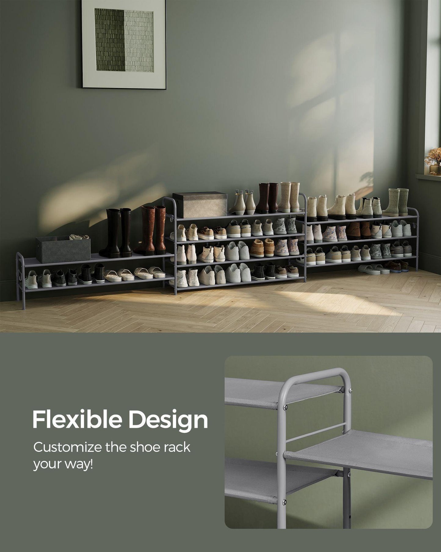 44.9" Wide 2-Tier Fabric Shoe Rack with 4 Hooks Dove Gray FredCo
