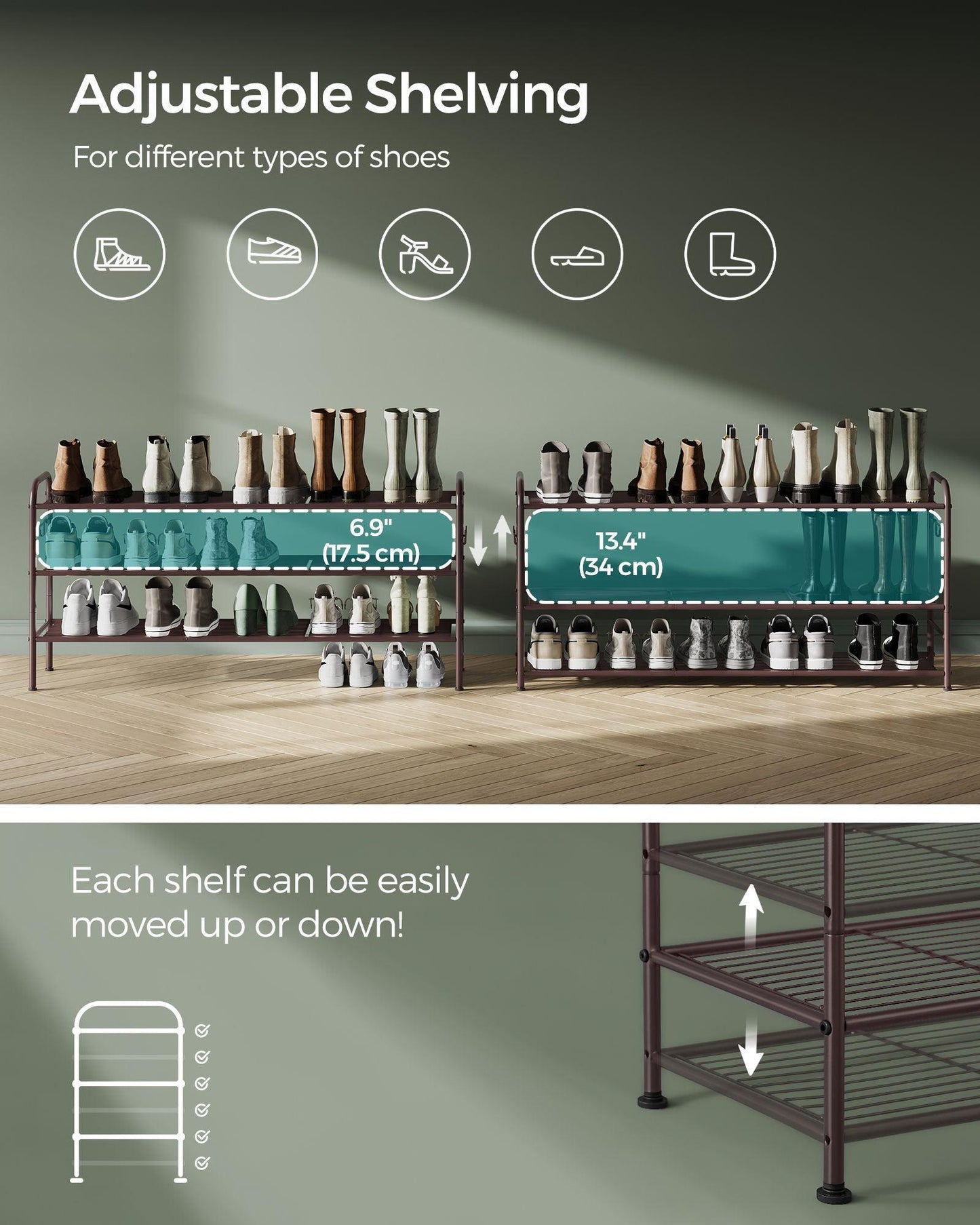 44.9" Wide 3-Tier Metal Shoe Rack Chestnut Brown FredCo