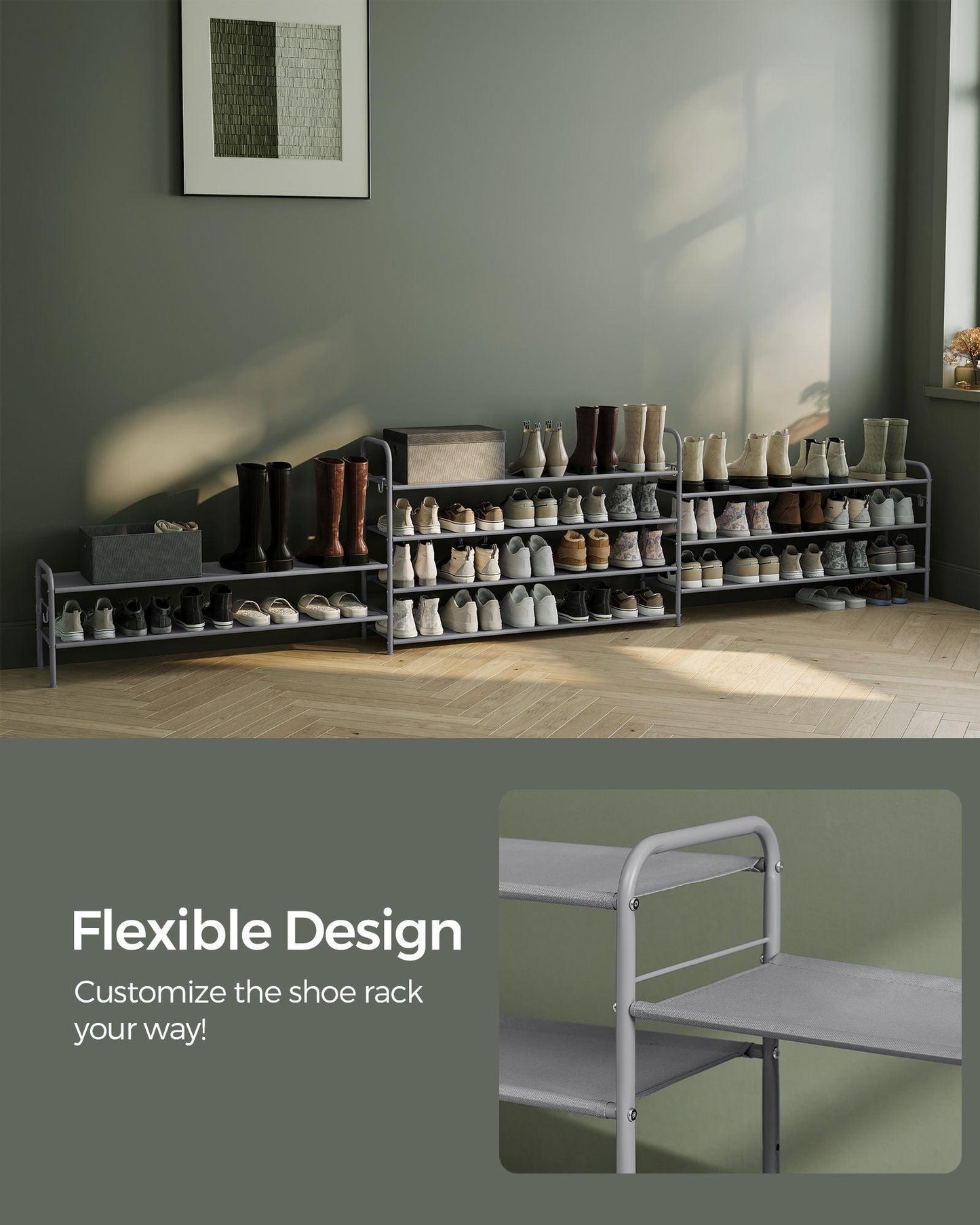 44.9" Wide 4-Tier Fabric Shoe Rack with 4 Hooks Dove Gray FredCo