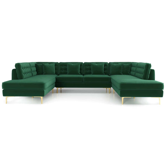 Green velvet sectional sofa with gold legs, modern living room furniture from FredCo International