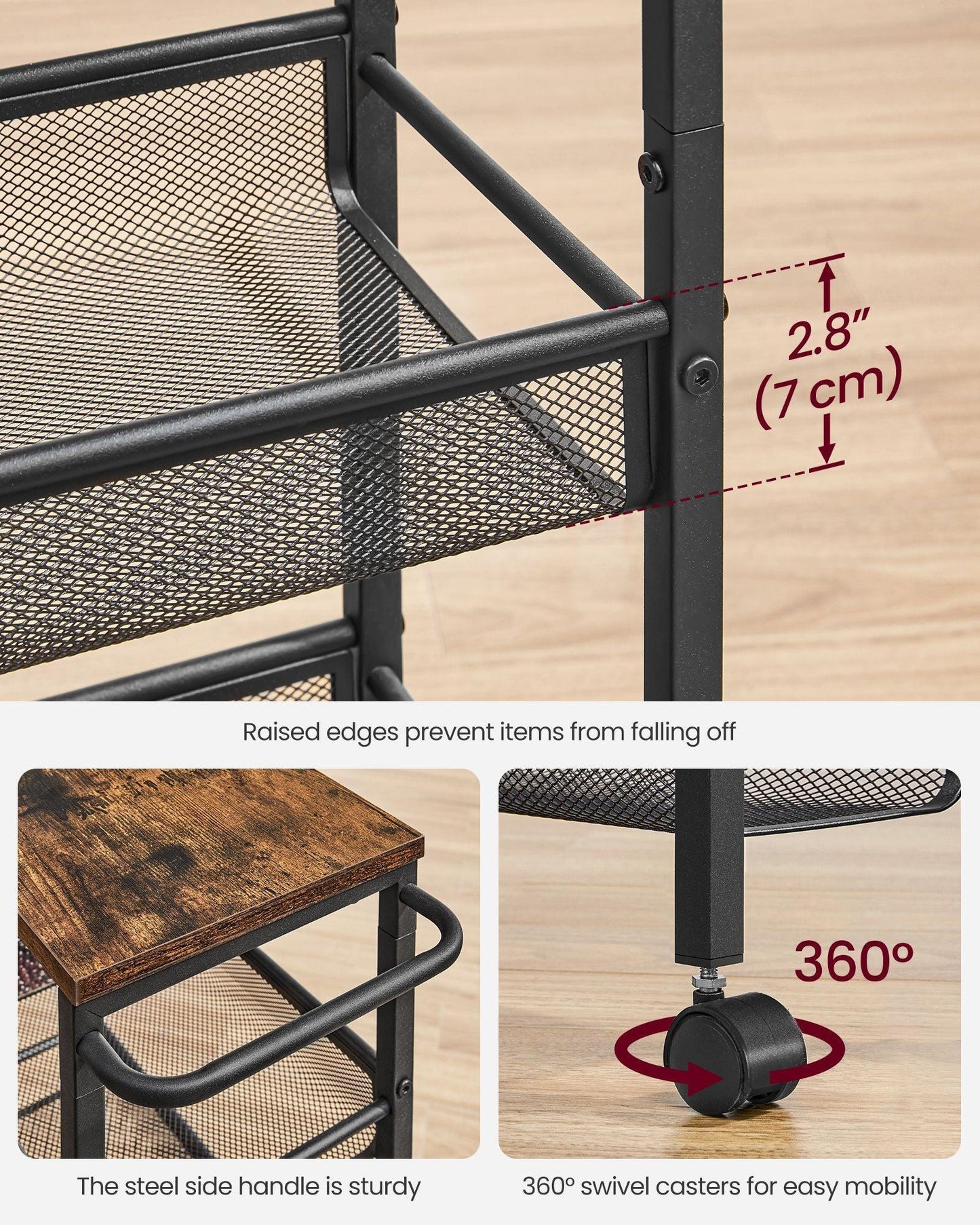 5-Tier Rolling Storage Cart Rustic 8.7 Inches Deep FredCo