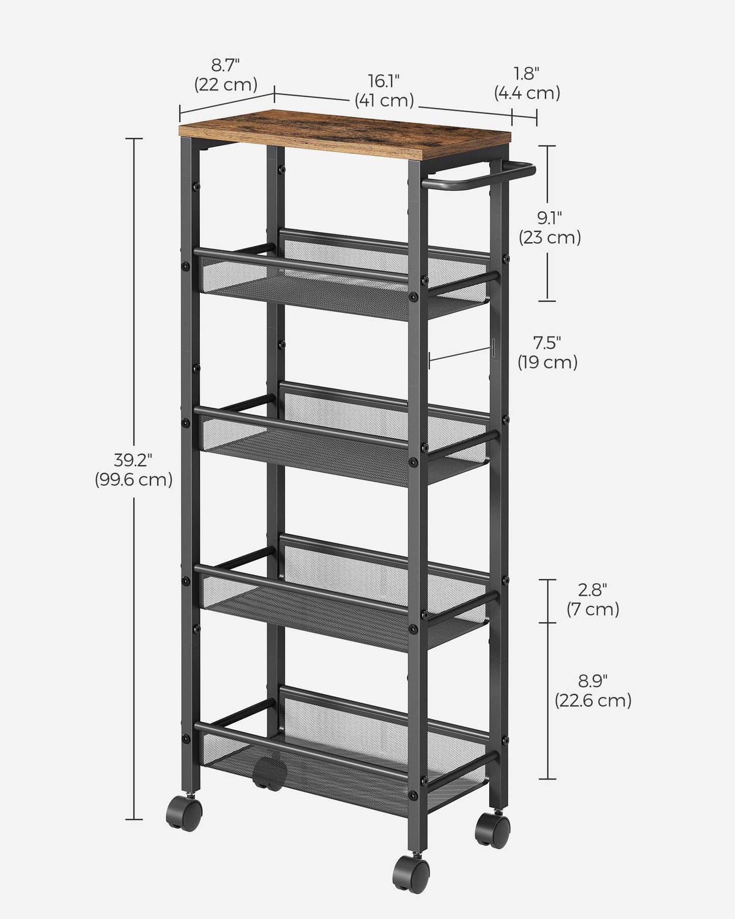 5-Tier Rolling Storage Cart Rustic 8.7 Inches Deep FredCo