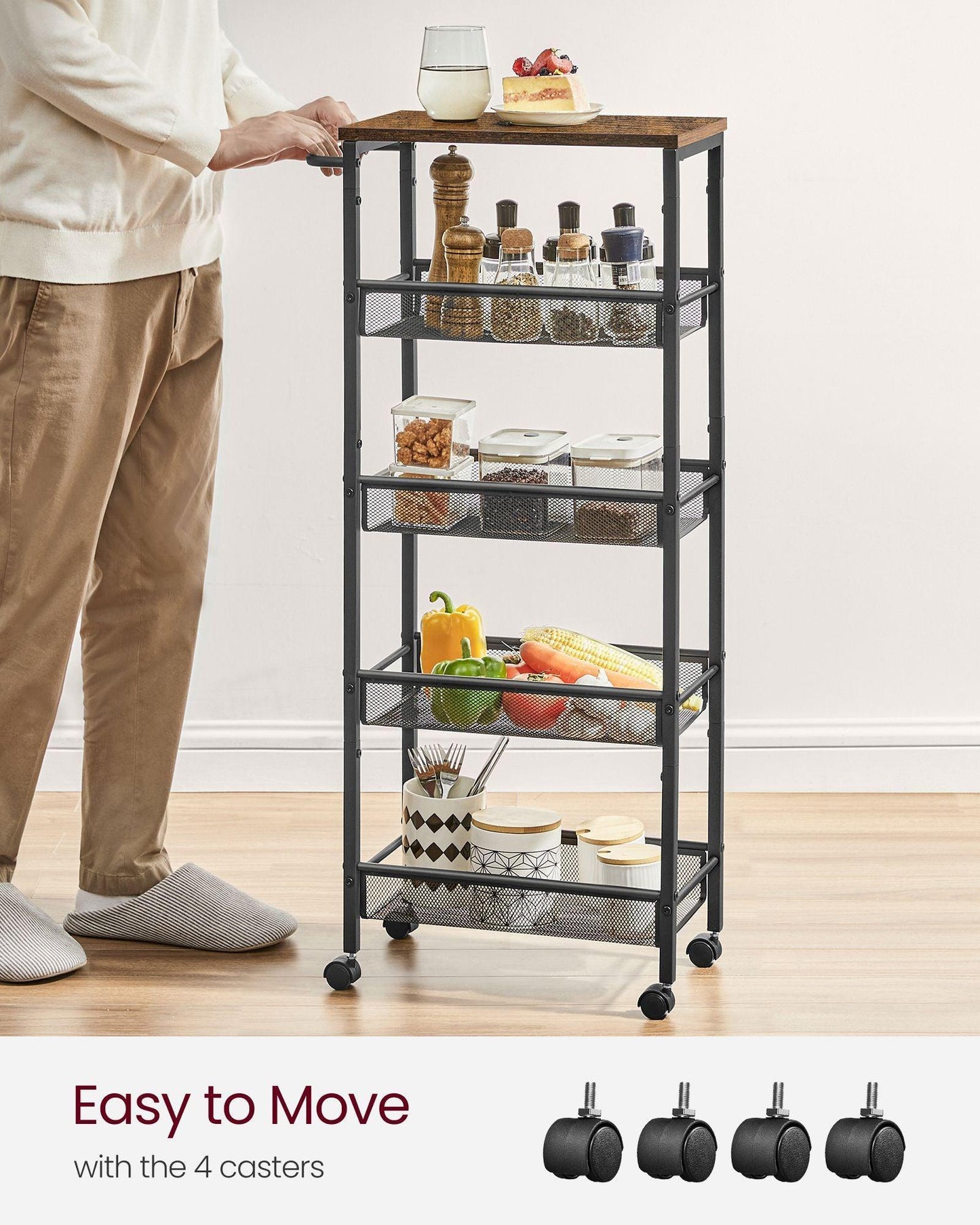 5-Tier Rolling Storage Cart Rustic 8.7 Inches Deep FredCo